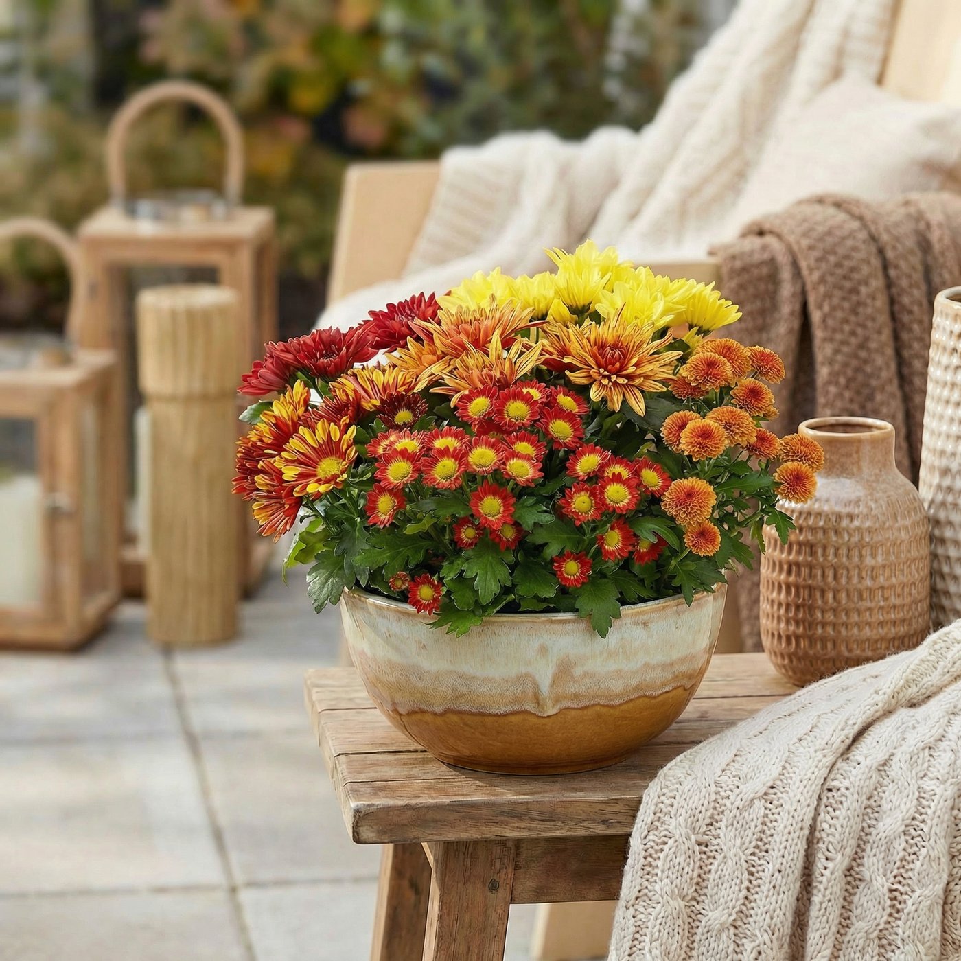 Bepflanzte Chrysanthemenschale in Gelb, Orange und Rot auf einer herbstlichen Terrasse